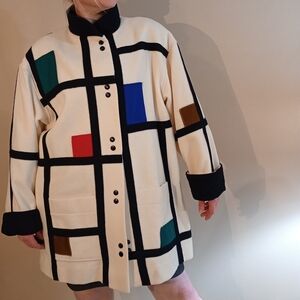 Vintage 80s Mondrian Color Block Wool Coat - OSFM